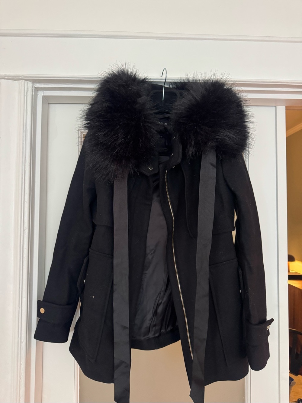 Zara Black Wool Coat with Faux Fur Collar